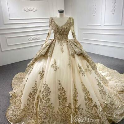 Glittery gold wedding dresses with sleeves,bridal dresses with beaded bodice,1714 - Thumbnail 1