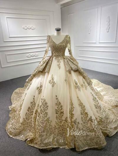 Glittery Gold Wedding Dresses with Sleeves,Bridal Dresses with Beaded Bodice,1714
