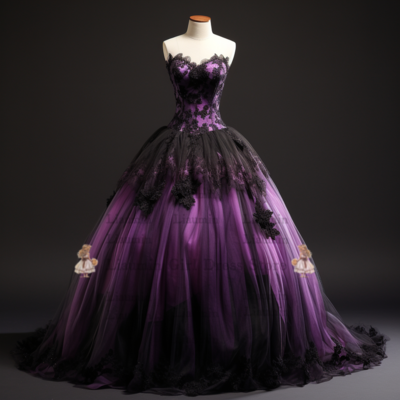 Purple and black lace applique strapless ball gown full length evening party prom dress formal occasion hand made custom w2-3.5