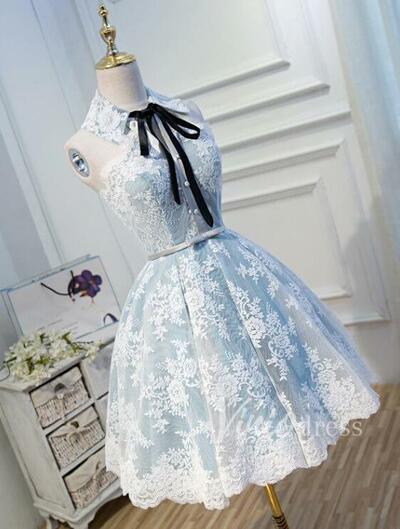 Collar Neck Light Blue Lace Homecoming Dresses,1715