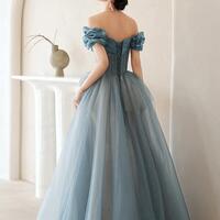 Off Shoulder A Line Blue Tulle Prom Dresses - Thumbnail 3