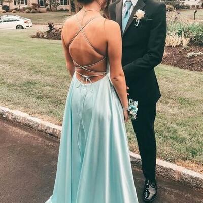 A line straps light blue prom dresses, evening dresses - Thumbnail 4