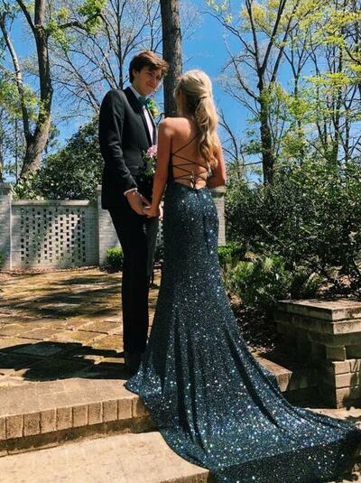 Sexy Mermaid Backless Black Sequin Prom Dresses