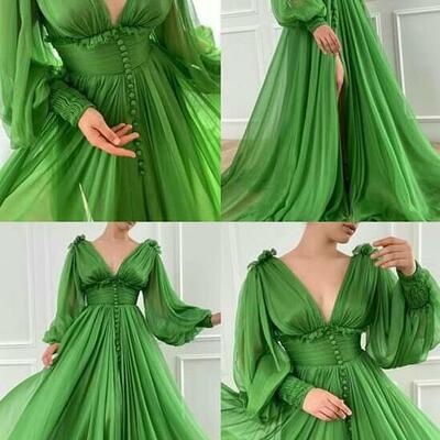 Simple chiffon green prom dress with long sleeves - Thumbnail 3