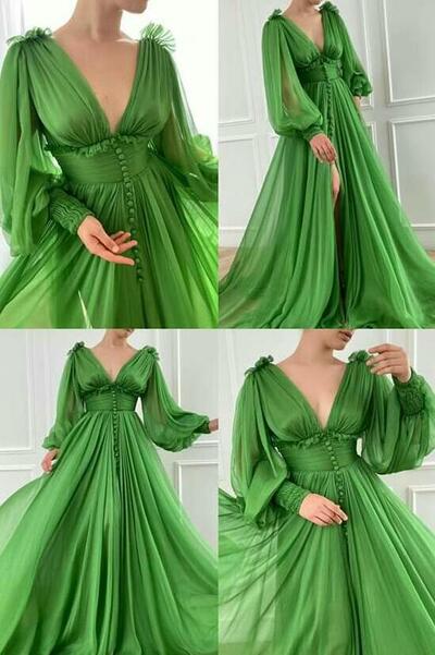 Simple Chiffon Green Prom Dress with Long Sleeves