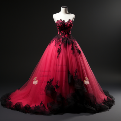 Rose red and black lace applique strapless ball gown lace up full length evening formal party prom dress hand made custom w2-4.2 - Thumbnail 2