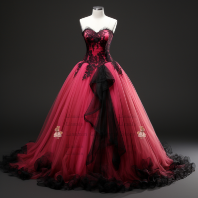 Rose Red and Black Lace Applique Strapless Ball Gown Lace Up Full Length Evening Formal Party Prom Dress Hand Made Custom W2-4.6