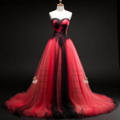 Rose red and black lace applique strapless ball gown lace up full length evening formal party prom dress hand made custom w2-4.8 - Thumbnail 1