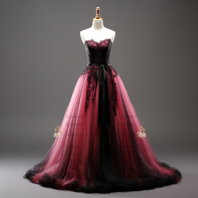 Rose Red and Black Lace Applique Strapless Ball Gown Lace Up Full Length Evening Formal Party Prom Dress Hand Made Custom W2-4.10