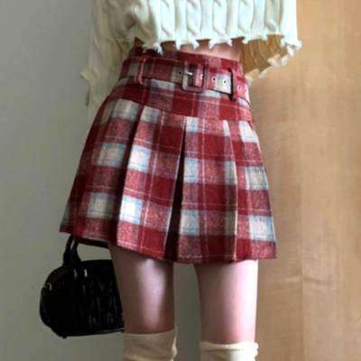 Stunning england check rave sexy low waist buckle belt pleated mini wool skirt dress ootdstyle amazing