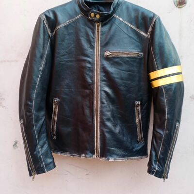 Crafted leather men's black biker vintage motorcycle distressed cafe racer leather jacket - Thumbnail 5