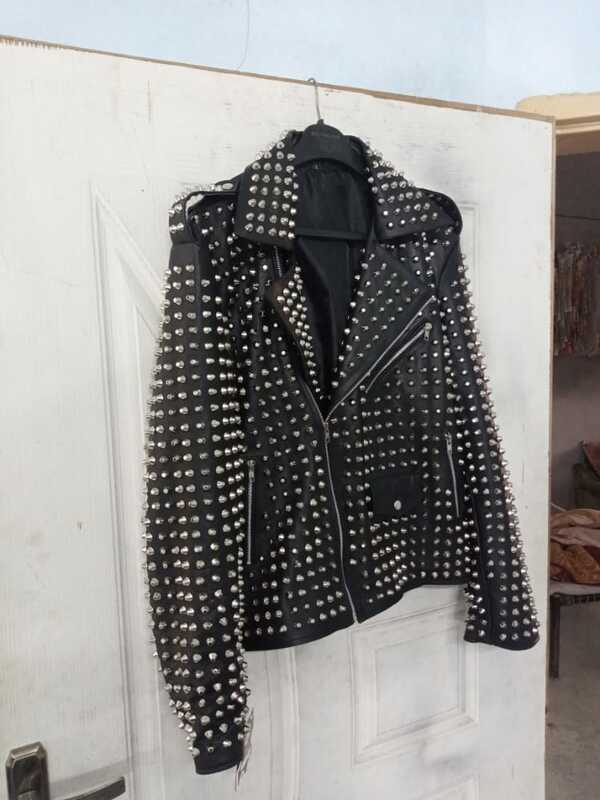 Crafted Leather Men Silver Studded Punk Rock Gothic Black Leather Jacket 