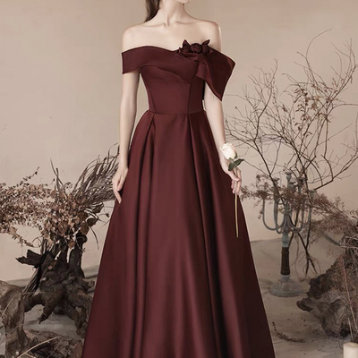 Burgundy satin off the shoulder floor length prom dress - Thumbnail 1