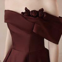Burgundy Satin Off the Shoulder Floor Length Prom Dress - Thumbnail 1