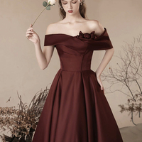 Burgundy Satin Off the Shoulder Floor Length Prom Dress - Thumbnail 2