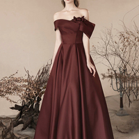 Burgundy Satin Off the Shoulder Floor Length Prom Dress - Thumbnail 3