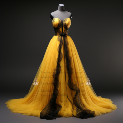 New yellow and black lace edge applique strapless a line full length evening dress formal prom elagant hand made custom w2-6.3