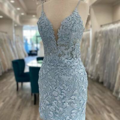 Light blue floral appliques bodycon mini homecoming dress，1717 - Thumbnail 1