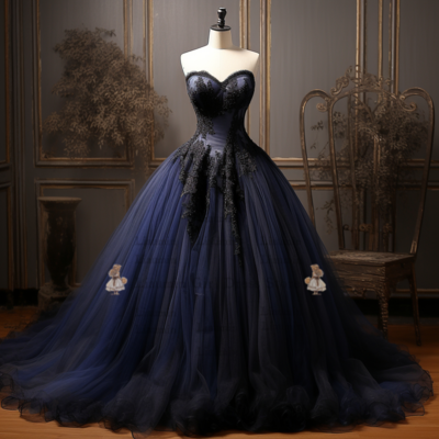 Navy Blue and Black Lace Applique Strapless A Line Full Length Evening Dress Formal Prom Elagant Clothes Hand Made Custom W2-7.1