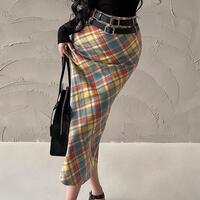 High-waisted double-belt twill contrast skirt - Thumbnail 1