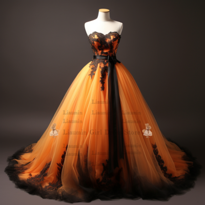 Orange and black lace edge applique strapless a line full length evening party dress formal prom elagant hand made custom w2-8.3 - Thumbnail 2