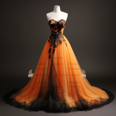 Orange and black lace edge applique strapless a line full length evening party dress formal prom elagant hand made custom w2-8.4