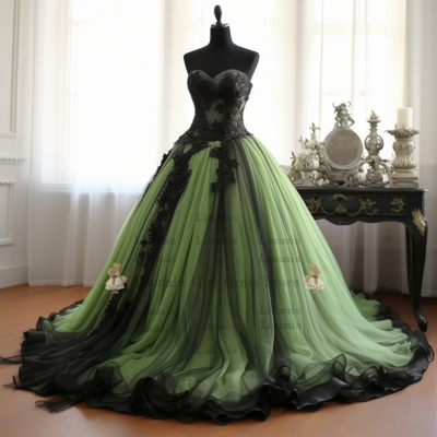 Green and Black Lace Applique Tulle Strapless Ball Gown Floor Length Evening Formal Party Prom Dress Hand Made Custom W2-9.1