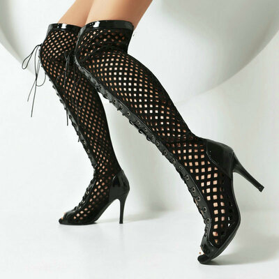 Hollow Fishmouth Lace Up Stiletto High Heels Boots