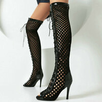 Hollow Fishmouth Lace Up Stiletto High Heels Boots - Thumbnail 1