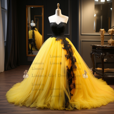 Yellow and black lace applique tulle strapless ball gown full length evening formal party prom dress hand made custom w2-11.3 - Thumbnail 2
