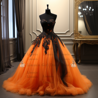 Orange and black lace applique tulle strapless ball gown full length evening formal party prom dress hand made custom new w2-12.1
