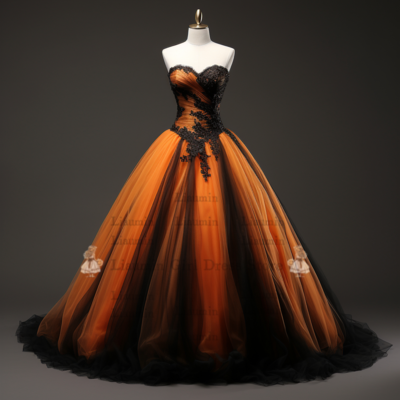 Orange and Black Lace Applique Tulle Strapless Ball Gown Full Length Evening Formal Party Prom Dress Hand Made Custom New W2-12.7