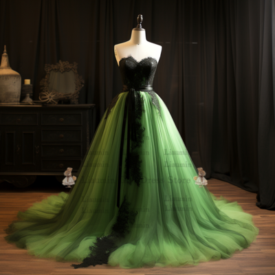 Green and black lace applique tulle a line strapless full length evening party formal occasion prom dress hand made custom w2-15.2 - Thumbnail 3