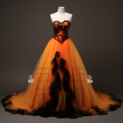 Orange and black lace applique tulle ball gown full length evening party clothing formal prom dress hand made custom w2-16.4 - Thumbnail 3