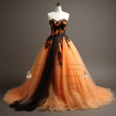 Orange and Black Lace Applique Tulle Ball Gown Full Length Evening Party Clothing Formal Prom Dress Hand Made Custom W2-16.5