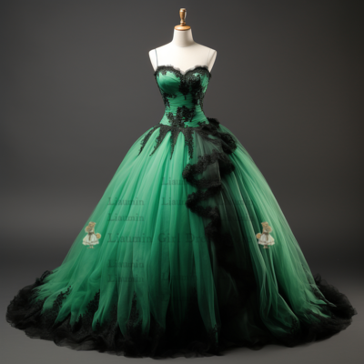 Green and black lace applique strapless tulle ball gown full length evening clothing formal prom dress hand made custom w2-17.3 - Thumbnail 2