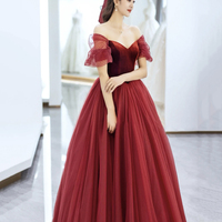 Burgundy Velvet and Tulle Long Prom Dress - Thumbnail 1