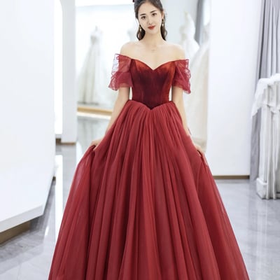 Burgundy velvet and tulle long prom dress - Thumbnail 2