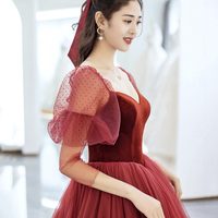 Burgundy Velvet and Tulle Long Prom Dress - Thumbnail 2