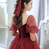 Burgundy Velvet and Tulle Long Prom Dress - Thumbnail 3