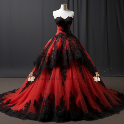 Red and Black Lace Applique Strapless Ball Gown Wedding Dress Robe De Mariage Plus Size Full-Length Bridal Gown Bride Dress W3-2.10