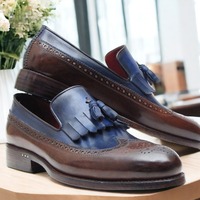 Handmade Men's Two tone Lather Tassle Fringe Loafer Slip on Moccasion Shoes - Thumbnail 1