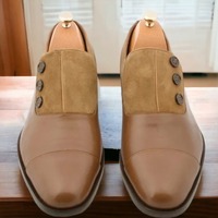 Handmade Men's Brown Leather Cap Toe Leather Suede Side Buttons Shoes - Thumbnail 2