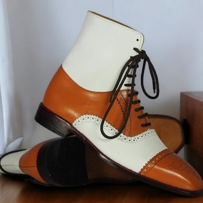 Handpainted men's two tone ankle high lace up cap toe boot