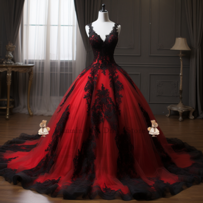 New red and black lace applique ball gown wedding dress robe de mariage plus size full-length bridal gown bride dress w3-2.20