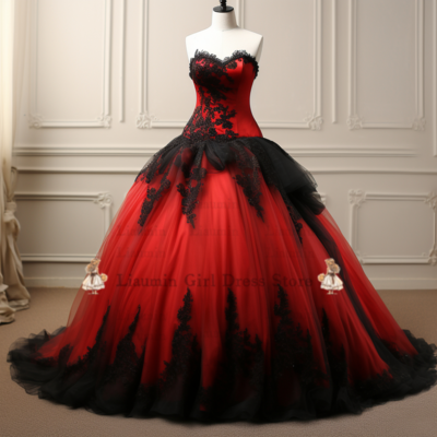 Red and black lace applique strapless ball gown wedding dress robe de mariage plus size full-length bridal gown bride dress w3-2.23 - Thumbnail 5
