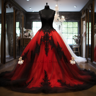 Red and black lace applique ball gown wedding dress robe de mariage plus size full-length bridal gown bride dress w3-2.24