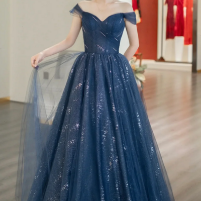 Blue shiny tulle floor length prom dress, off the shoulder a line evening party dress kpp1727