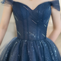 Blue Shiny Tulle Floor Length Prom Dress, Off the Shoulder A Line Evening Party Dress KPP1727 - Thumbnail 2