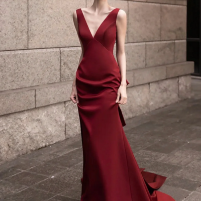Burgundy v neck satin long prom dress, elegant backless evening party dress kpp1728